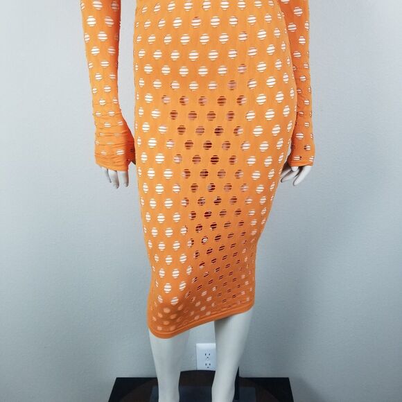 Maisie Wilen Orange Laser-Cut Perforated Orange Midi Bodycon Dress One Size - Picture 4 of 14